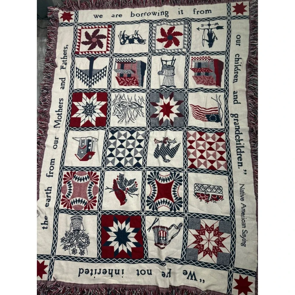 Vintage Woven Tapestry Throw Blanket Native American Saying Americana Patchwork